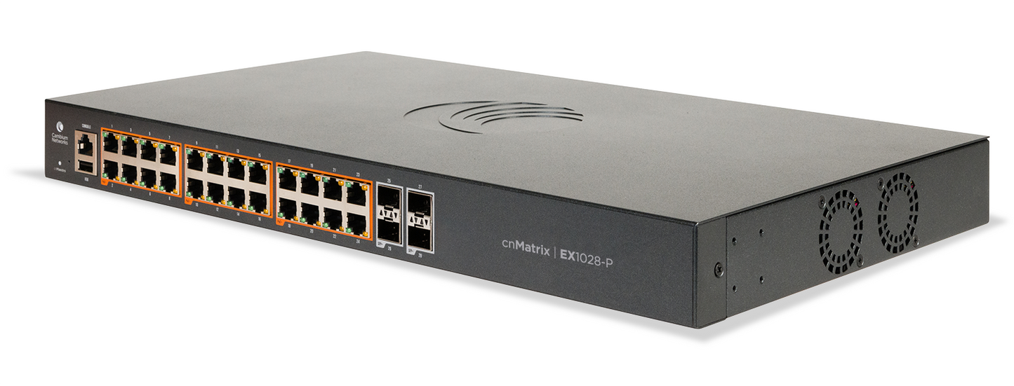 Cambium Networks cnMatrix EX1028-P switch with 24 1G PoE+ ports, 4 SFP