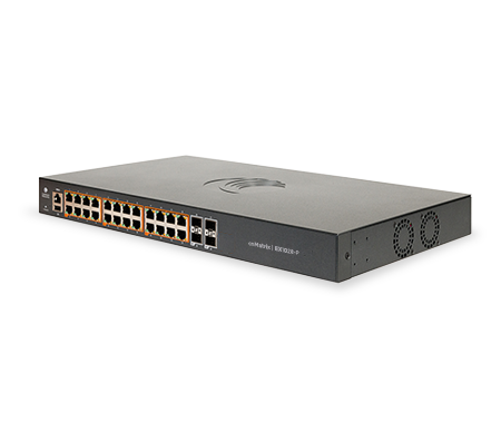 Cambium Networks cnMatrix EX1028-P gray metal switch with 24 PoE+ ports