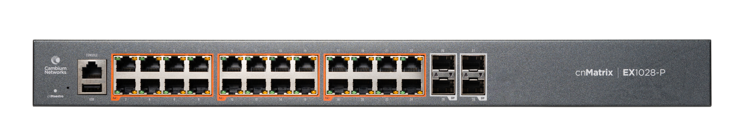 Cambium cnMatrix EX1028-P switch with 24 PoE+ ports and 4 SFP