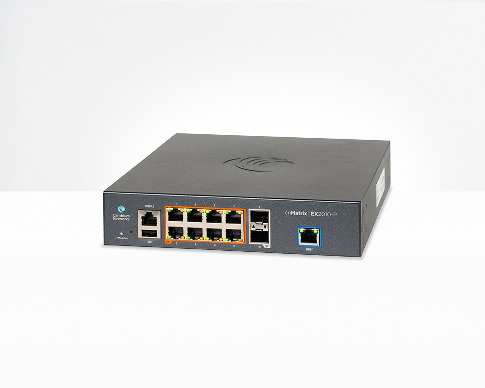 Cambium Networks cnMatrix EX2010-P switch with 8 orange PoE ports and blue port