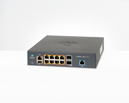 Cambium Networks cnMatrix EX2010-P switch with 8 orange PoE ports and blue port