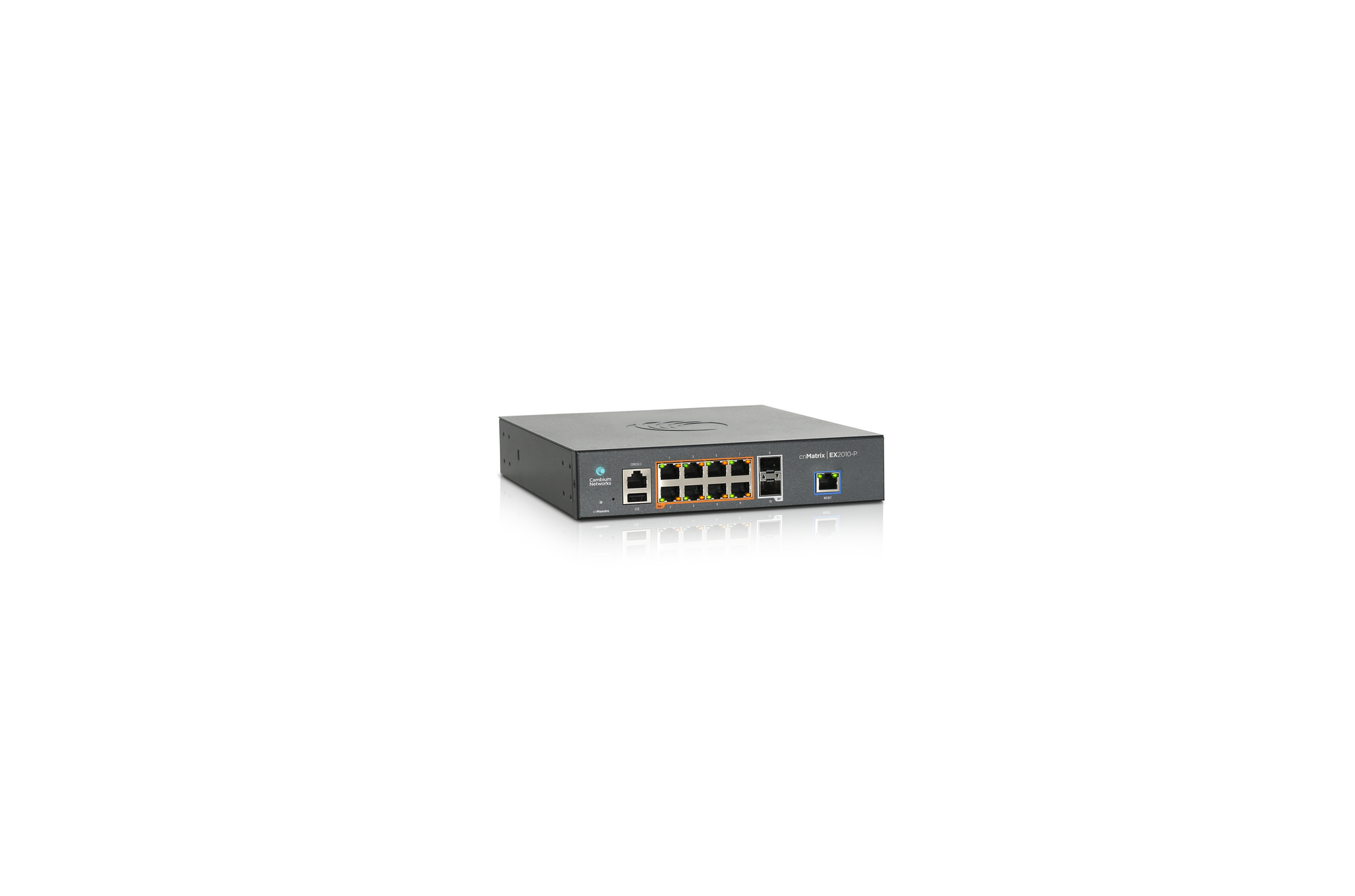 Cambium Networks cnMatrix EX2010 gray metal switch with 8x1G, 2 SFP, USB ports