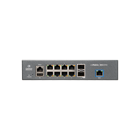 Cambium cnMatrix EX2010 switch with 8x1G ports, 2 SFP, blue-lit port