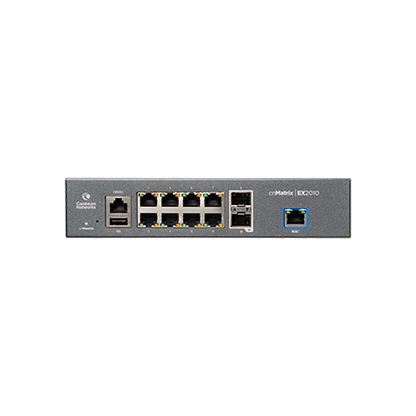 Cambium cnMatrix EX2010 switch with 8x1G ports, 2 SFP, blue-lit port