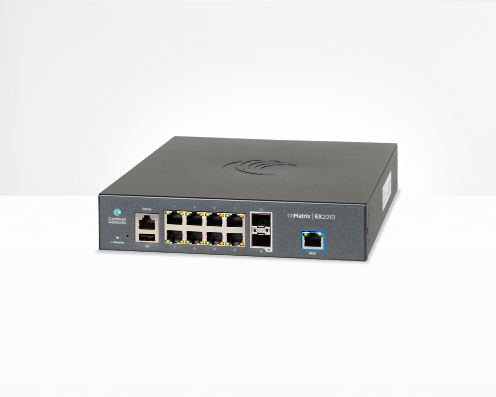 Cambium Networks cnMatrix EX2010 switch with 8x1G ports, 2 SFP, blue Wi-Fi lit port