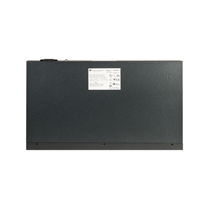 Back view of black Cambium Networks cnMatrix EX2028-P server chassis with white label