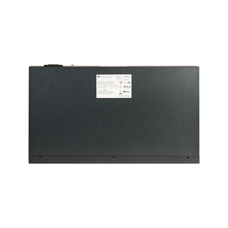 Back of black Cambium Networks cnMatrix EX2028-P switch chassis with white label