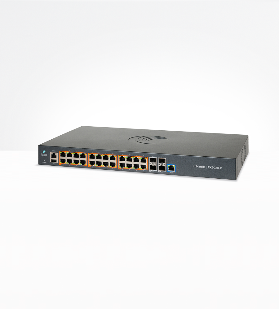 Cambium cnMatrix EX2028-P switch with gold Ethernet ports, blue LED