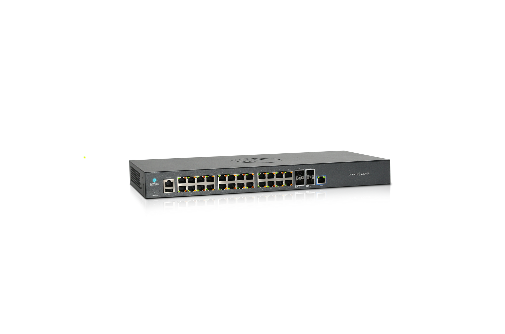 Cambium cnMatrix EX2028 switch with 24x 1GbE ports, 4x SFP uplinks, green LED