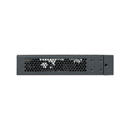 Cambium cnMatrix EX2028 switch in black metal rack with perforated panel