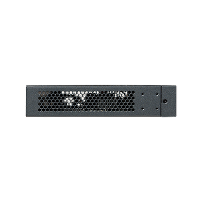 Cambium cnMatrix EX2028 switch in black metal rack with perforated panel