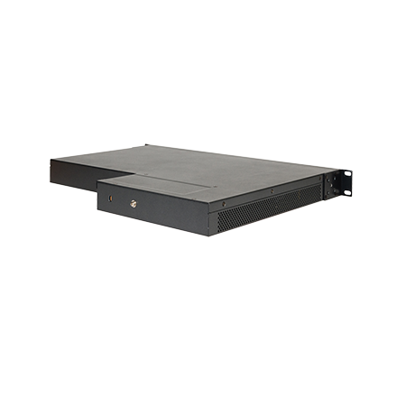 Cambium Networks cnMatrix EX2052R-P switch with black metal rack perforated panel
