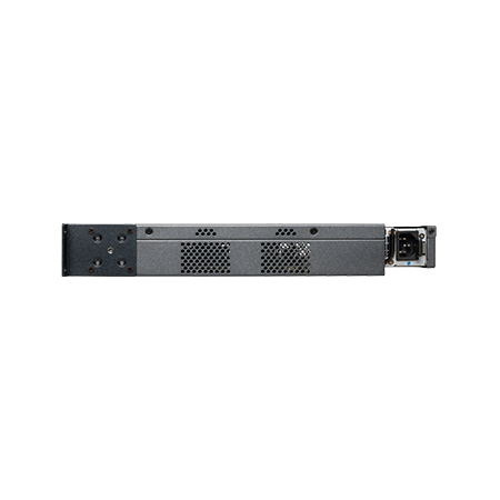 Back view of Cambium Networks cnMatrix EX2052R-P switch with black metal rack, ventilation grilles and power port