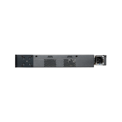 Back view of Cambium Networks cnMatrix EX2052R-P switch with black metal rack, ventilation grilles and power port