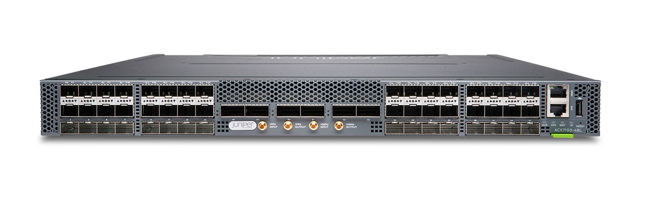 Black metal back side of juniper jnp7100 chassis server rack with 32 qsfp28 and 4 qsfp56 dd ports and ventilation grilles