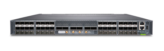 Black metal back side of juniper jnp7100 chassis server rack with 32 qsfp28 and 4 qsfp56 dd ports and ventilation grilles