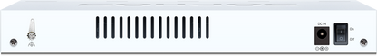 Back of Sophos CS101-8 silver Gigabit switch with white rectangular receiver, black vents, DC in and power switch