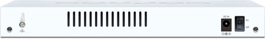 Back of Sophos CS101-8FP switch with silver input jacks, DC in, power switch