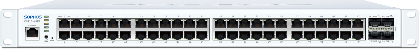 Sophos CS110-48FP switch back with 48 GbE PoE ports, USB