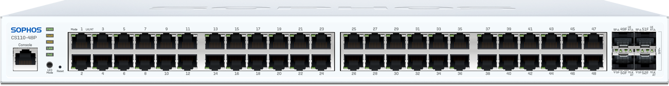 Sophos CS110-48P white switch with 48 PoE ports, USB, back view