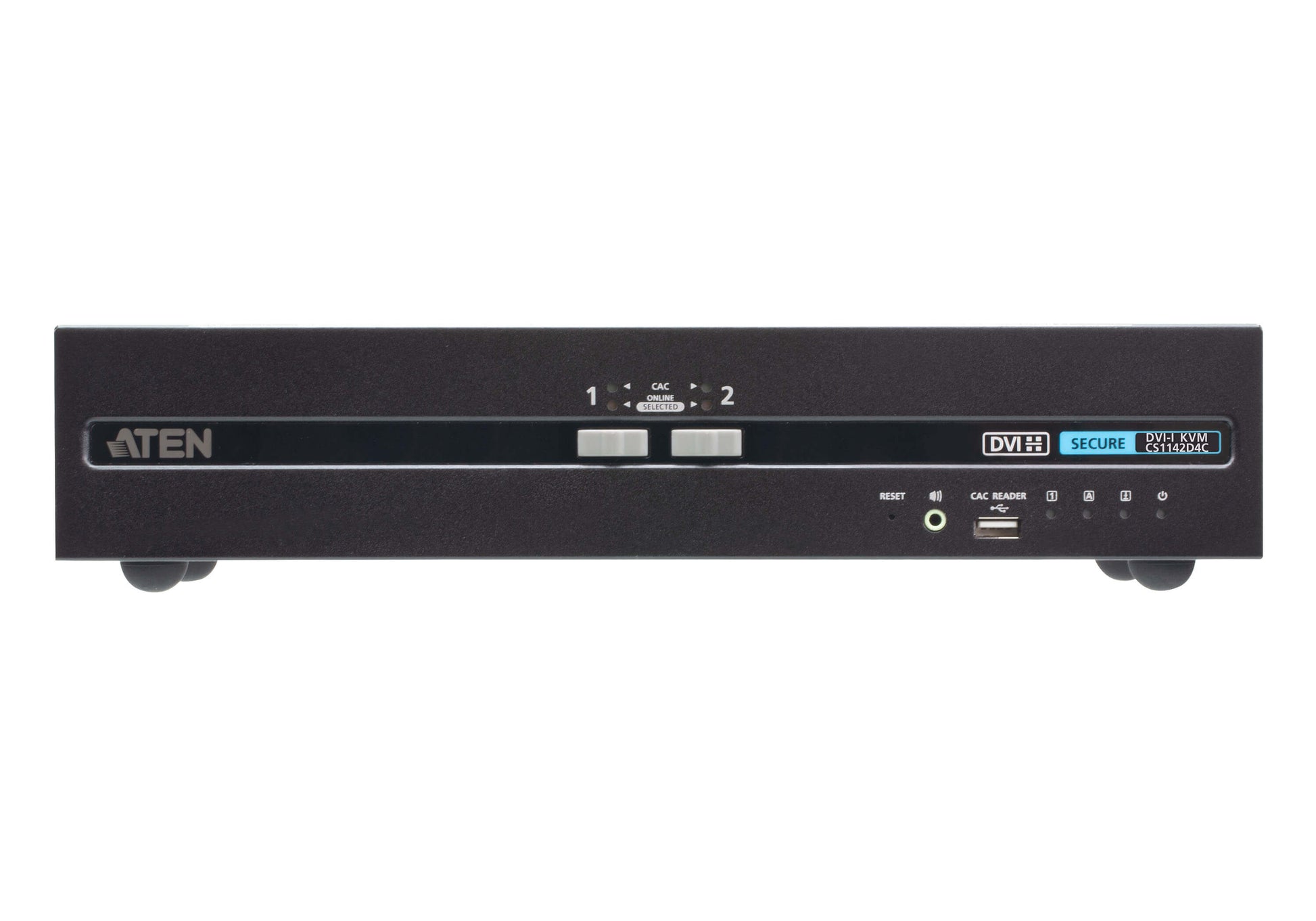 Black aten cs1142d4c-at-u 2-port dvi dual display secure kvm switch with sleek matte finish and labeled input output ports back view