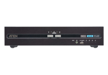 Black aten cs1142d4c-at-u 2-port dvi dual display secure kvm switch with sleek matte finish and labeled input output ports back view