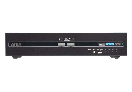 Black aten cs1142d4c-at-u 2-port dvi dual display secure kvm switch with sleek matte finish and labeled input output ports back view