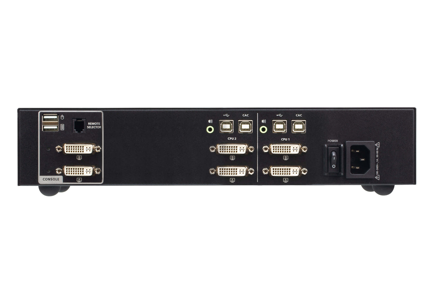 Back side of aten cs1142d4c-at-u 2-port dvi dual display secure kvm switch in black with multiple dvi usb ethernet ports