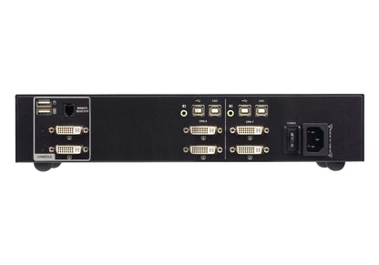 Back side of aten cs1142d4c-at-u 2-port dvi dual display secure kvm switch in black with multiple dvi usb ethernet ports