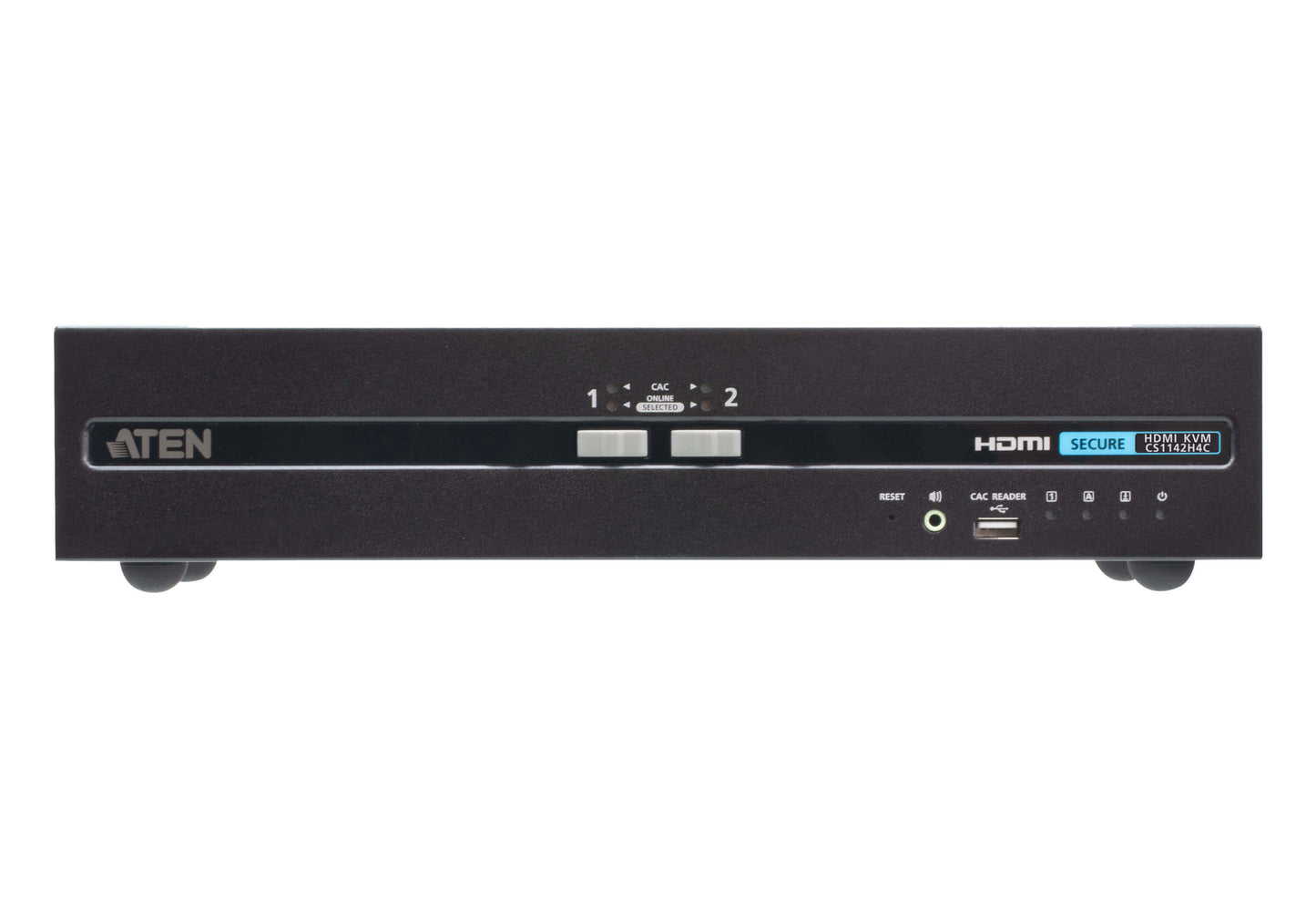 Black aten cs1142h4c-at-u 2-port dual display hdmi secure kvm switch with labeled ports for video switching shown from back