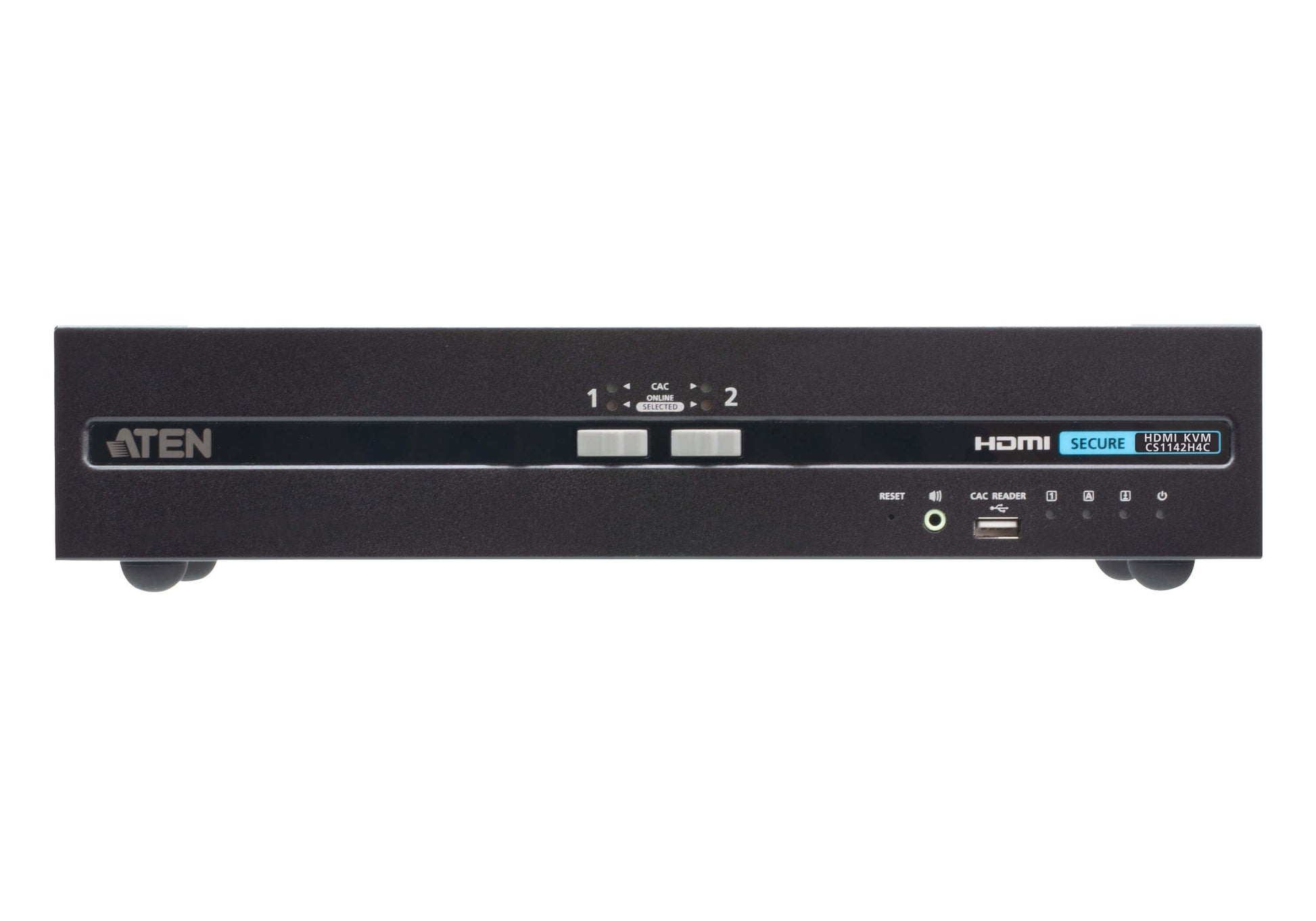 Black aten cs1142h4c-at-u 2-port dual display hdmi secure kvm switch with labeled ports for video switching shown from back