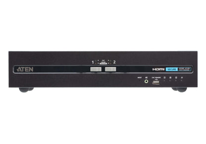 Black aten cs1142h4c-at-u 2-port dual display hdmi secure kvm switch with labeled ports for video switching shown from back