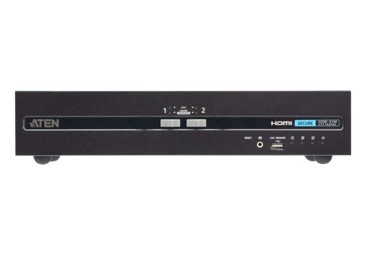 Black aten cs1142h4c-at-u 2-port dual display hdmi secure kvm switch with labeled ports for video switching shown from back
