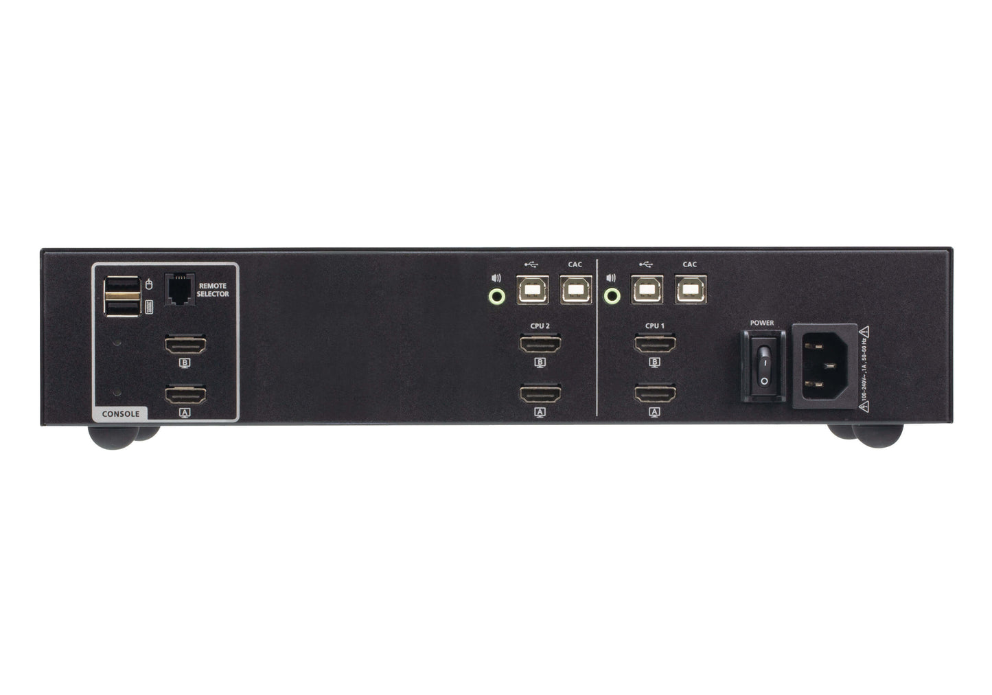 Back side of black rectangular aten cs1142h4c-at-u 2-port dual display hdmi secure kvm switch with multiple hdmi usb and ethernet ports