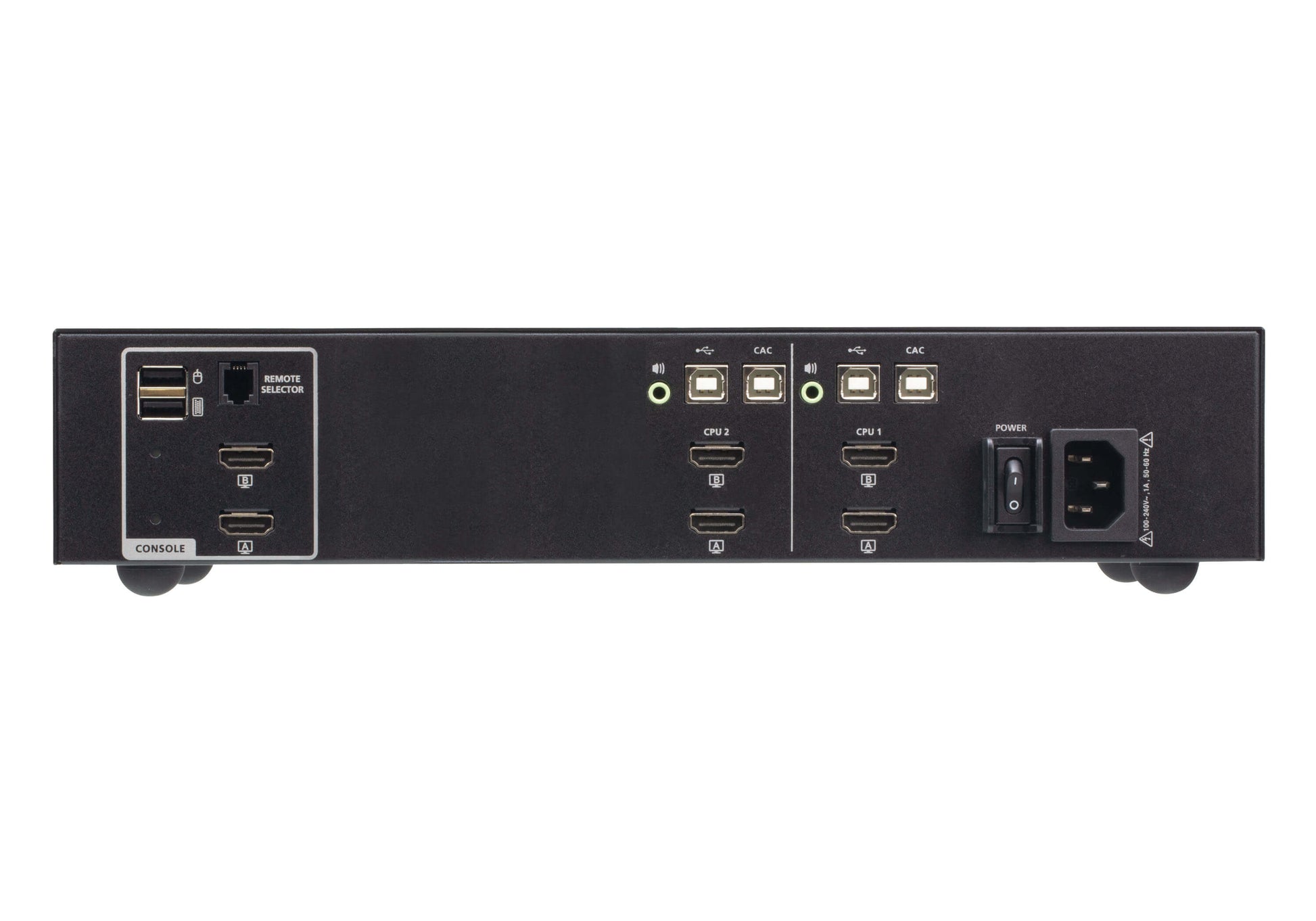 Back side of black rectangular aten cs1142h4c-at-u 2-port dual display hdmi secure kvm switch with multiple hdmi usb and ethernet ports