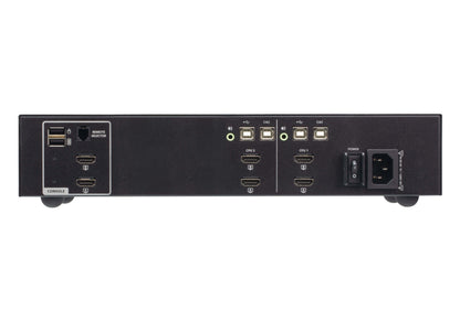 Back side of black rectangular aten cs1142h4c-at-u 2-port dual display hdmi secure kvm switch with multiple hdmi usb and ethernet ports