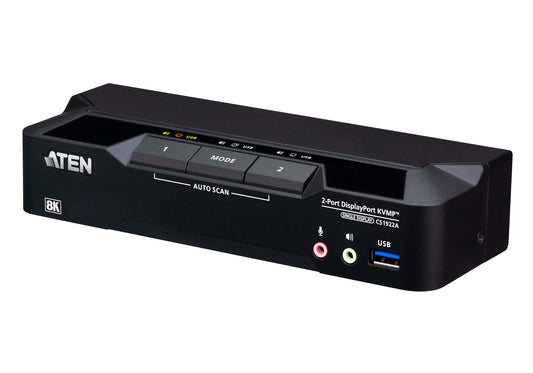 Black aten cs1922a 2-port displayport 1.4 kvmp switch with usb 3.0 audio jacks and control buttons front view