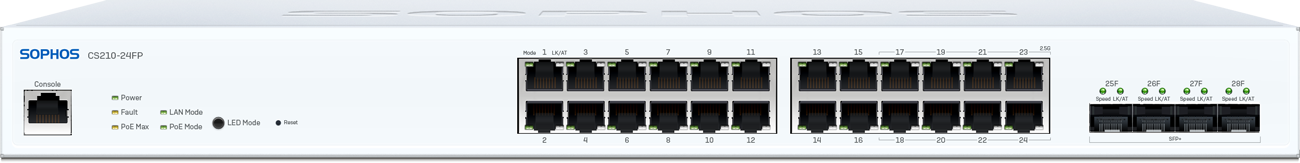 Sophos CS210-24FP switch rear: 32 Ethernet ports, 3 USB ports