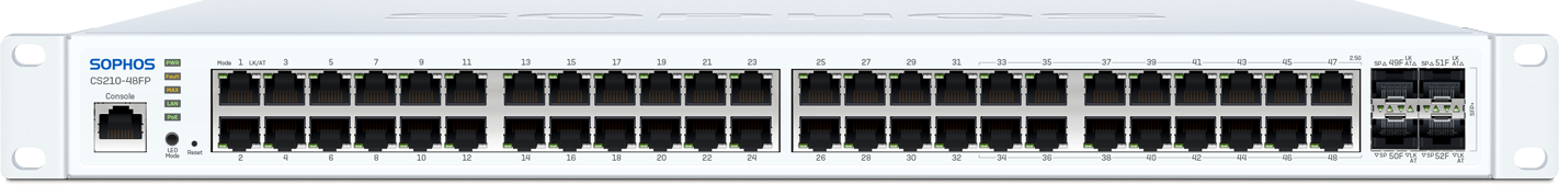Sophos CS210-48FP switch rear with 48 PoE ports, USB port