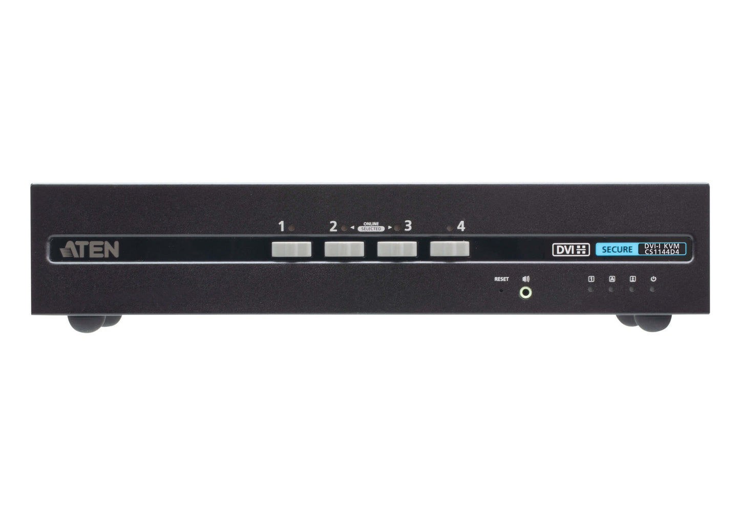 Black Aten cs1144d4-at-u 4-port USB DVI dual display secure KVM switch with four labeled input buttons and indicator lights