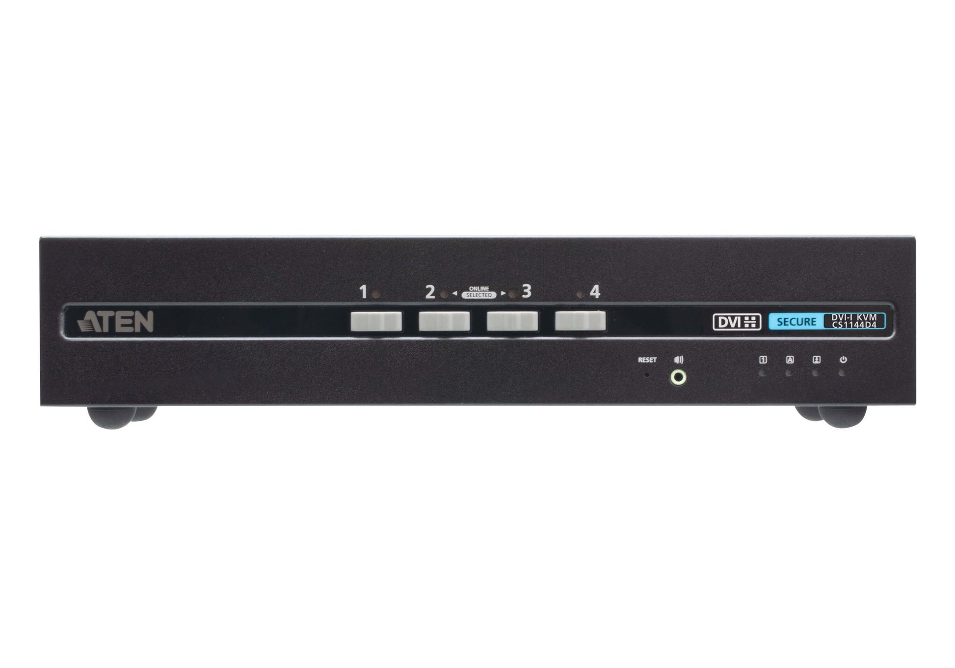 Black Aten cs1144d4-at-u 4-port USB DVI dual display secure KVM switch with four labeled input buttons and indicator lights