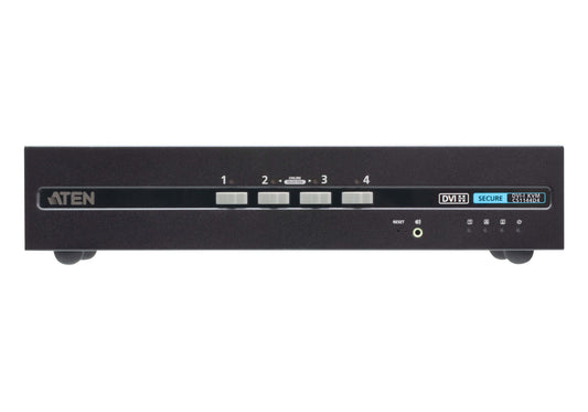 Black Aten cs1144d4-at-u 4-port USB DVI dual display secure KVM switch with four labeled input buttons and indicator lights