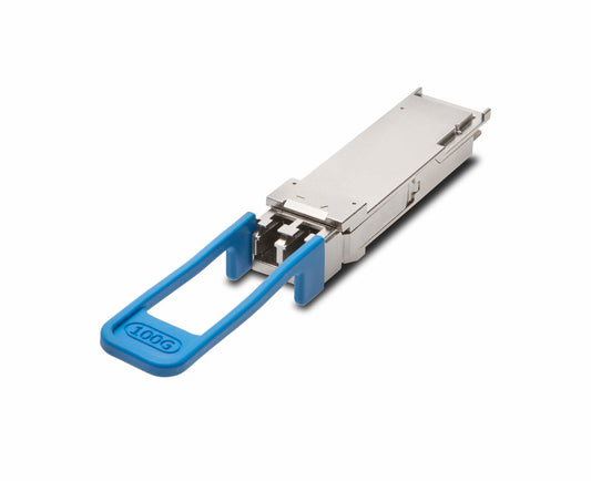 Blue plastic handle with 100g engraved on a silver metallic Juniper QSFP-100G-ER4L 100G QSFP28 ER4 Lite transceiver module