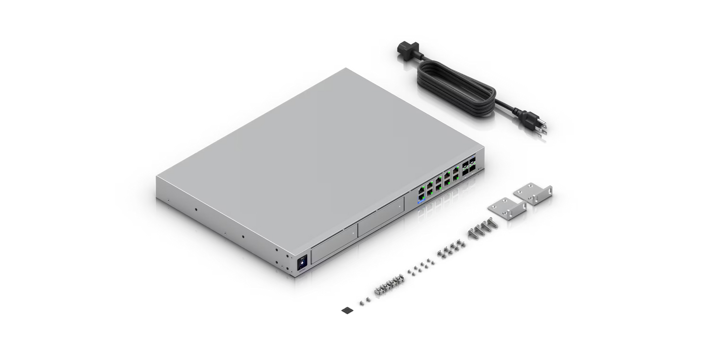 Silver metallic 1u server rack with multiple ports and indicator lights in ubiquiti udm-beast 25g ips cloud gateway