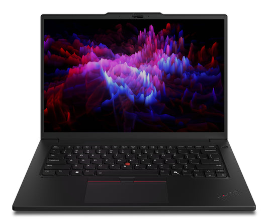 Black Lenovo ThinkPad P14s Gen 6 laptop with vibrant abstract screen wallpaper
