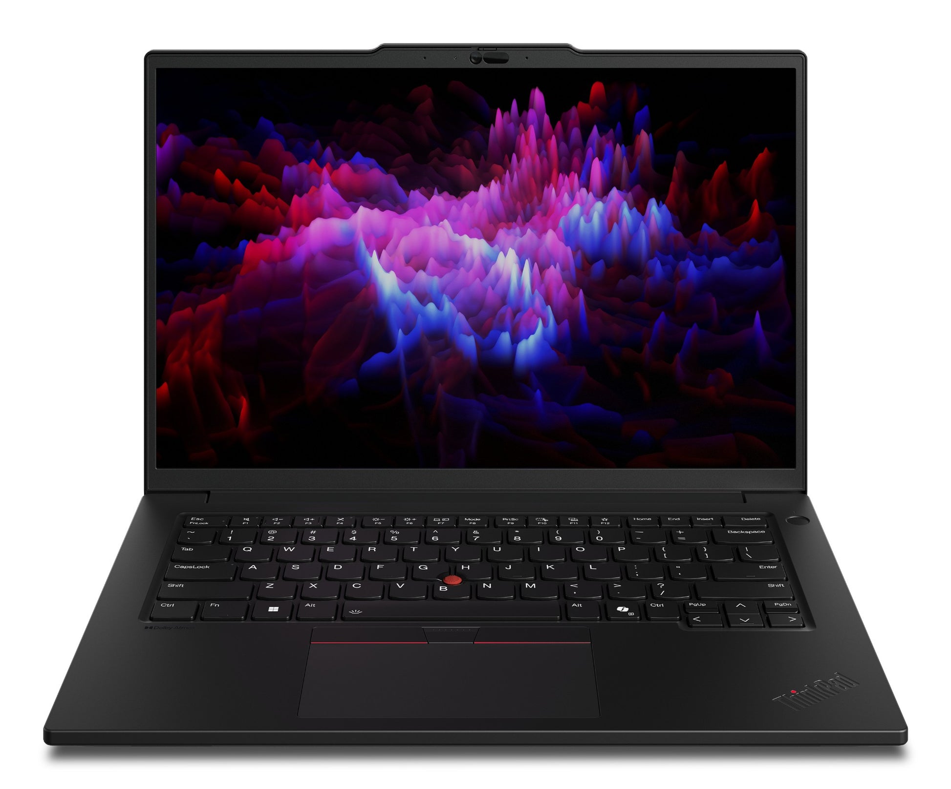 Black Lenovo ThinkPad P14s Gen 6 laptop with vibrant abstract screen wallpaper