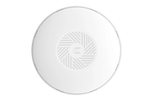 White circular wireless charging pad with embossed camera aperture design for teltonika tap200 wifi 5 access point