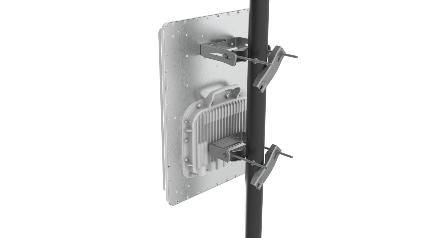 Cambium EPMP 4500 5GHz gray rectangular antenna on pole with clamps