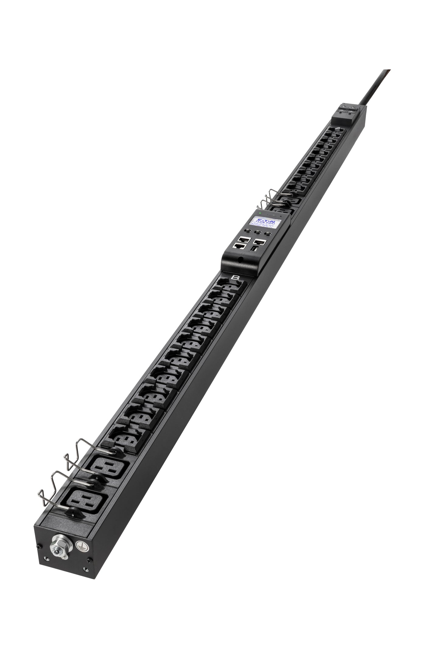 Black sleek 19-inch rack-mount power strip with digital display 20x c13 and 4x c19 outlets for data centers