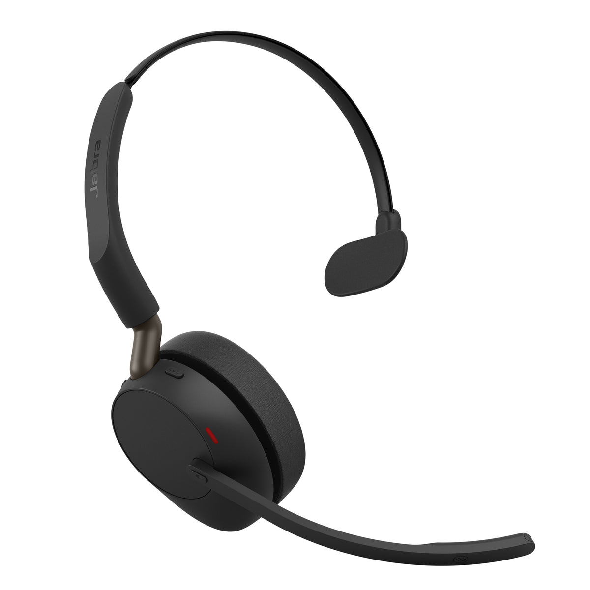 Black jabra evolve3 65 uc wireless anc mono headset with sleek design and flexible microphone arm with usb-c dongle and charging stand